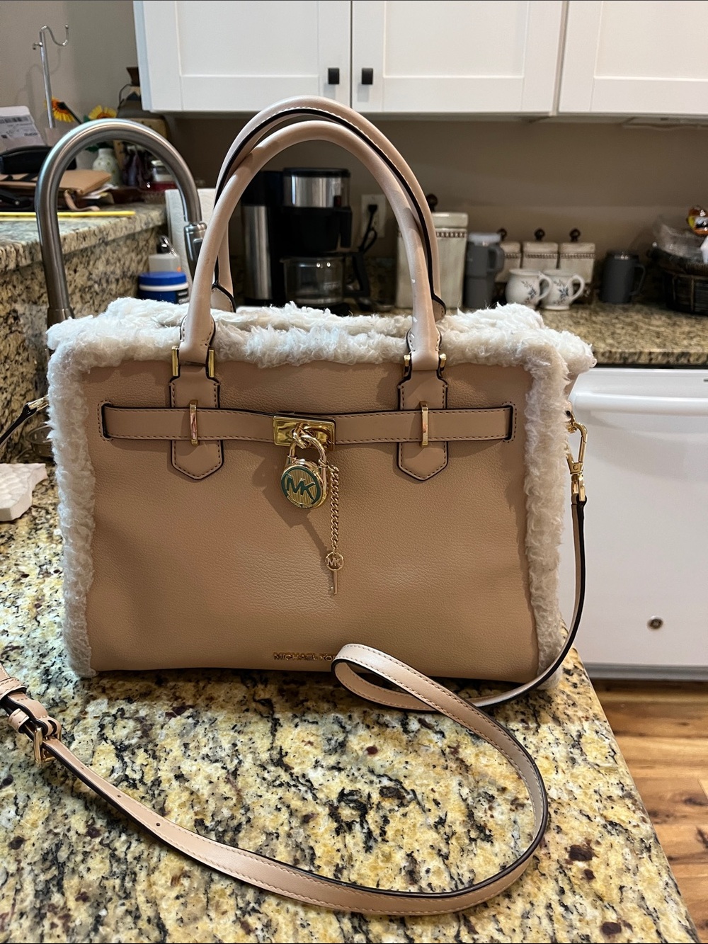 Michael Kors Hamilton leather and faux shearling trim handbag